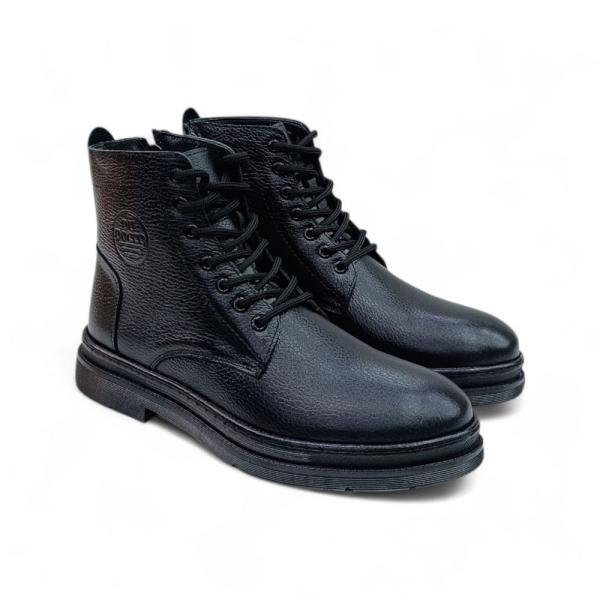 Siyah Önden Bağcıklı Yandan Fermuarlı Hakiki Deri Erkek Bot