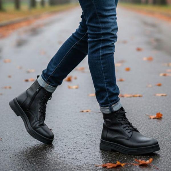 Siyah Önden Bağcıklı Yandan Fermuarlı Hakiki Deri Erkek Bot