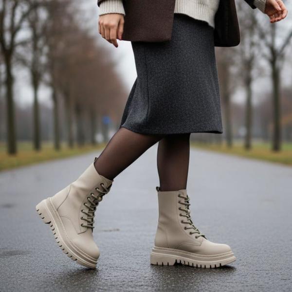 Bej Bağcıklı Yandan Fermuarlı Sıcak Astarlı Kadın Bot