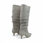 Bej Nubuk İnce Taban Körüklü Dizaltı Sivri Burun Kadın Çizme