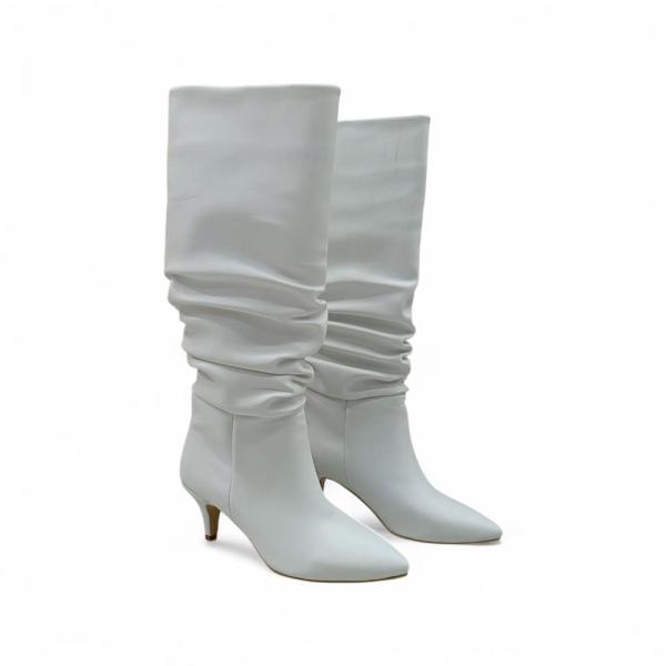 Beyaz İnce Taban Körüklü Dizaltı Sivri Burun Kadın Çizme