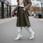 Beyaz İnce Taban Körüklü Dizaltı Sivri Burun Kadın Çizme