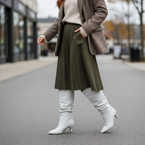 Beyaz İnce Taban Körüklü Dizaltı Sivri Burun Kadın Çizme