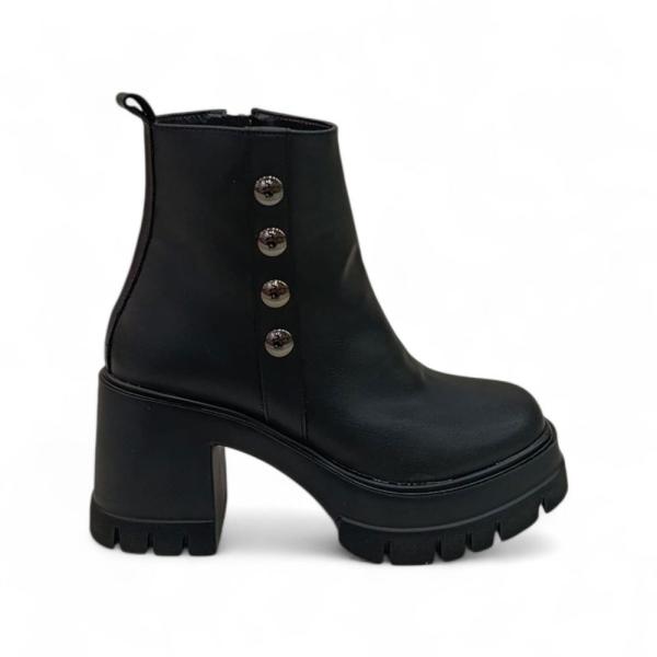 Siyah Aksesuar Detaylı Yandan Fermuarlı Yüksek Kalın Kadın Topuklu Bot