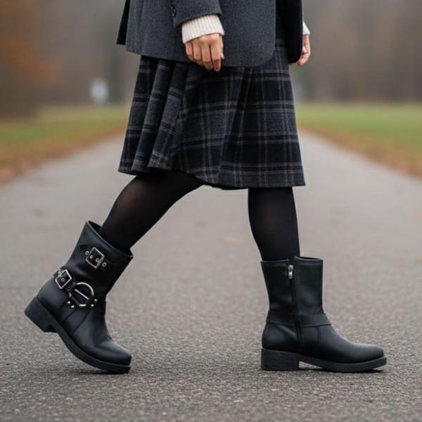 Siyah Metal Toka Detaylı Yandan Fermuarlı Kadın Bot