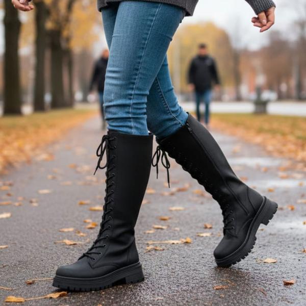 Siyah Önden Bağcıklı Yandan Bağcıklı Kadın Çizme