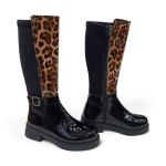 Siyah Rugan Leopar Toka Detaylı Arkası Lastik Strec Kadın Çizme