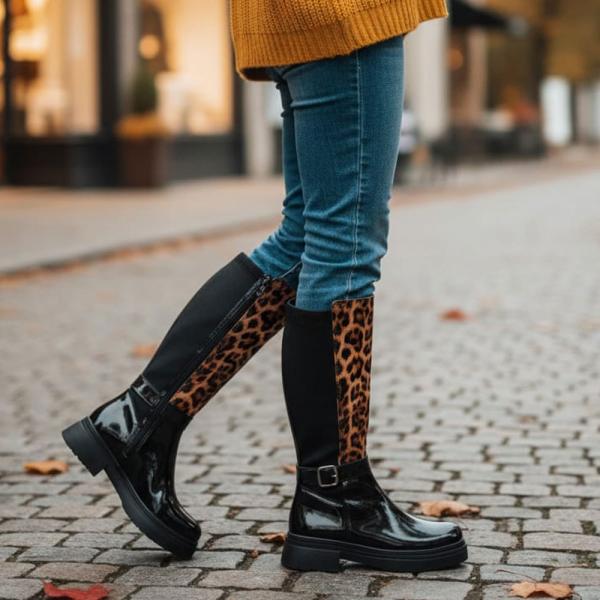 Siyah Rugan Leopar Toka Detaylı Arkası Lastik Strec Kadın Çizme