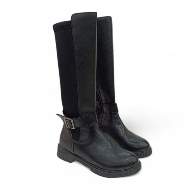 Siyah Toka Detaylı Arkası Lastik Strec Kadın Çizme