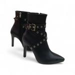 Siyah Cilt Toka Detaylı Yandan Fermuarlı Yüksek Topuklu Kadın Bot