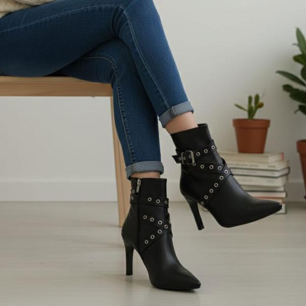 Siyah Cilt Toka Detaylı Yandan Fermuarlı Yüksek Topuklu Kadın Bot