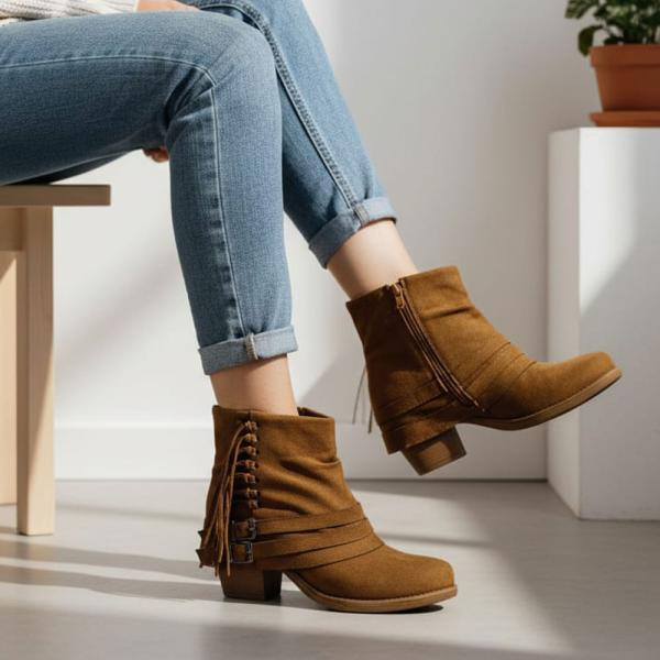 Taba Süet Püskül Toka Detaylı Fermuarlı Detaylı Kadın Topuklu Bot