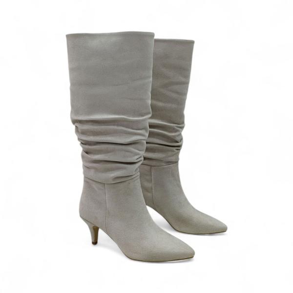 Bej Nubuk İnce Taban Körüklü Dizaltı Sivri Burun Kadın Çizme