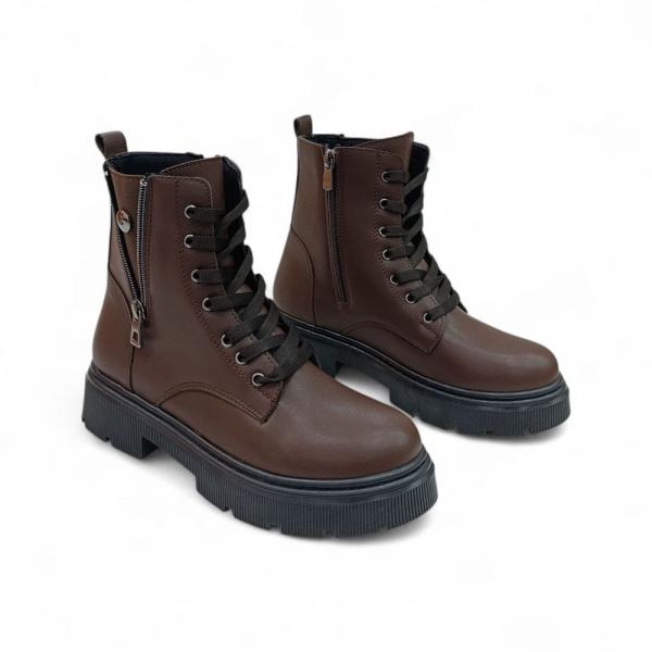 Kahve Fermuar Bağcık Detaylı Kadın Bot