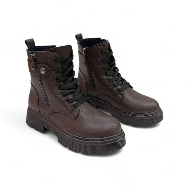 Kahve Kemer Bağcıkl Detaylı Yandan Fermuarlı Kadın Kısa Bot