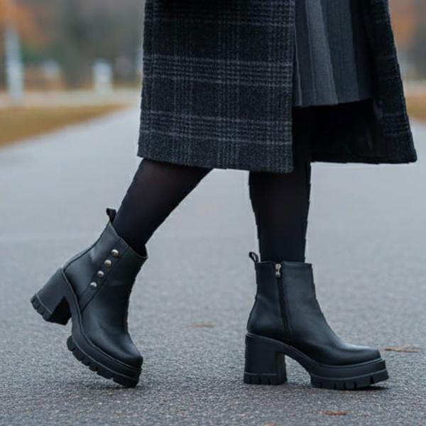 Siyah Aksesuar Detaylı Yandan Fermuarlı Yüksek Kalın Kadın Topuklu Bot