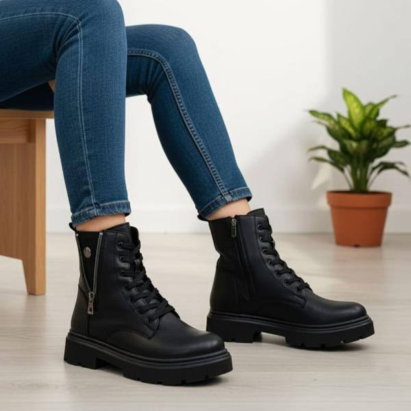 Siyah Fermuar Bağcık Detaylı Kadın Bot
