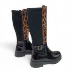 Siyah Rugan Leopar Toka Detaylı Arkası Lastik Strec Kadın Çizme